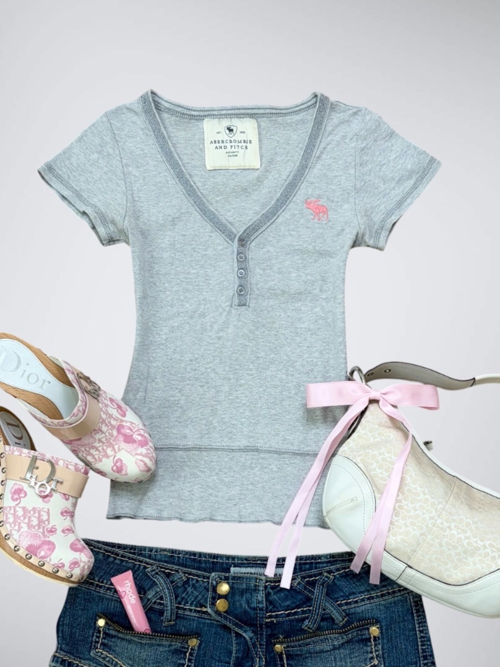 Early 2000s Abercrombie & Fitch Grey Henley Top Pink Moose Y2K Coquette